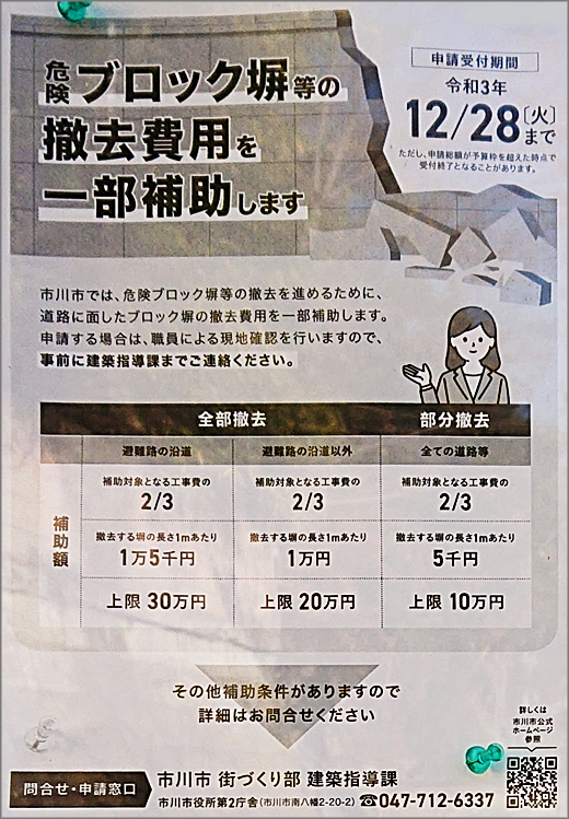 危険優ブロック塀等の撤去費用を一部補助します 申請受付期間 12月28日まで 市川市 行政 自治体からの地域のニュース お知らせ