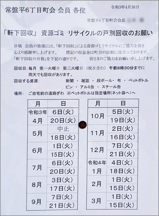 軒下回収 資源ゴミ リサイクルの戸別回収のお願い 次回 令和3年5月18日 常盤平六丁目町会 松戸市 その他の地域のニュース お知らせ